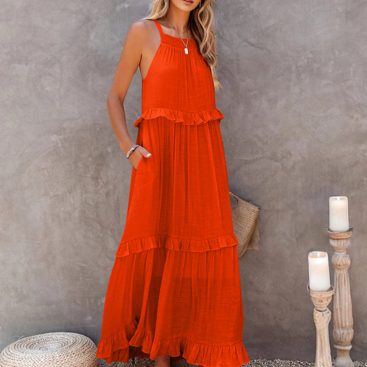 Ruffled Sleeveless Tiered Maxi Dress with Pockets