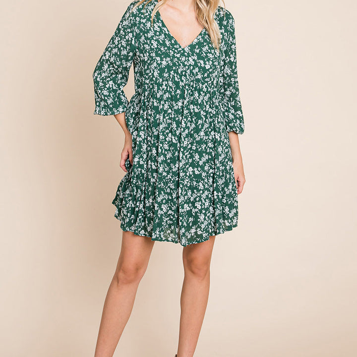 V neck Floral Printed Long Sleeve Pleated Dress