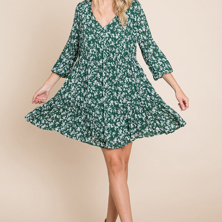 V neck Floral Printed Long Sleeve Pleated Dress