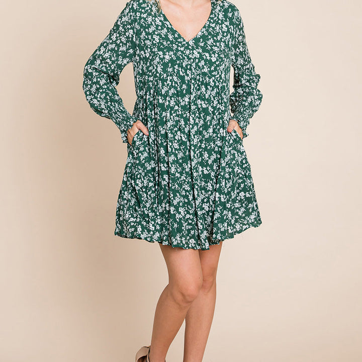 V neck Floral Printed Long Sleeve Pleated Dress