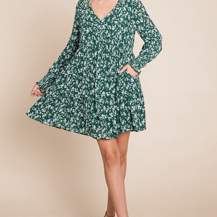 V neck Floral Printed Long Sleeve Pleated Dress