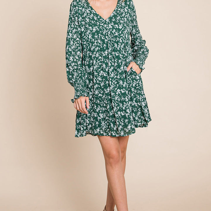 V neck Floral Printed Long Sleeve Pleated Dress