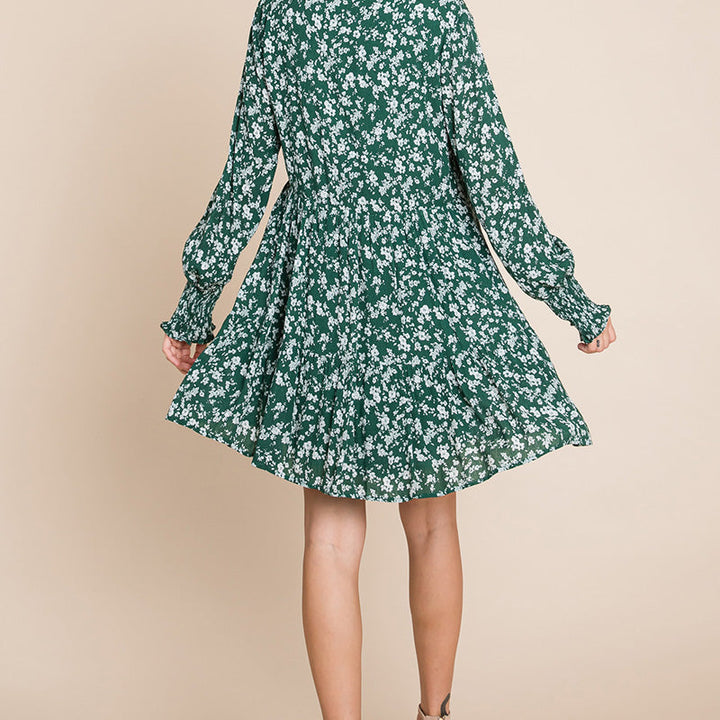 V neck Floral Printed Long Sleeve Pleated Dress