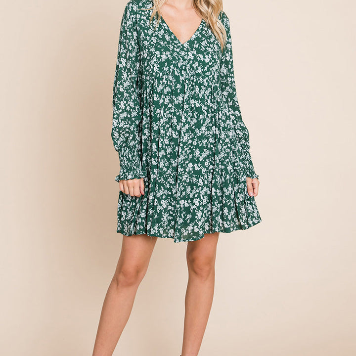 V neck Floral Printed Long Sleeve Pleated Dress