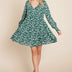 V neck Floral Printed Long Sleeve Pleated Dress