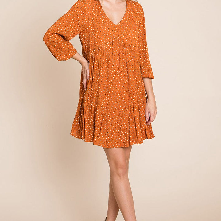 V neck Floral Printed Long Sleeve Pleated Dress