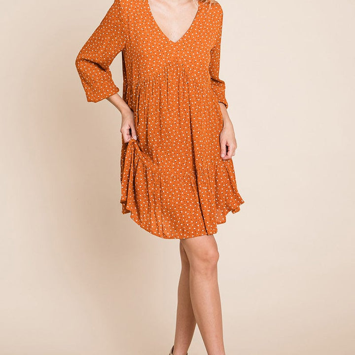 V neck Floral Printed Long Sleeve Pleated Dress