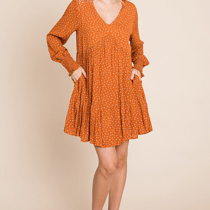 V neck Floral Printed Long Sleeve Pleated Dress