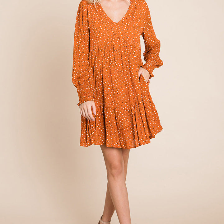 V neck Floral Printed Long Sleeve Pleated Dress