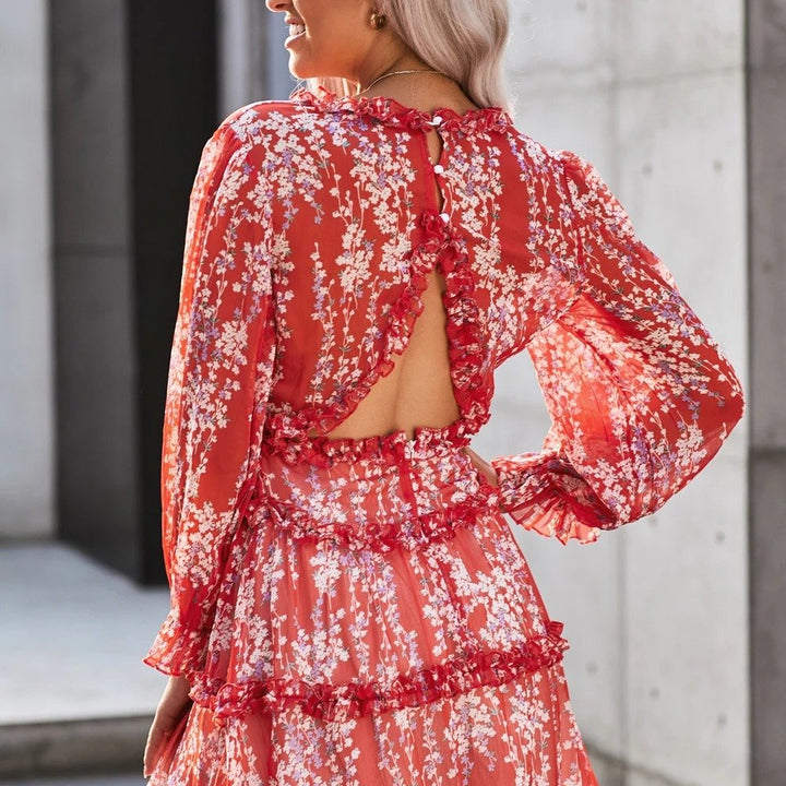 Red Ruffle Detailing Long Sleeve Open Back Floral Dress