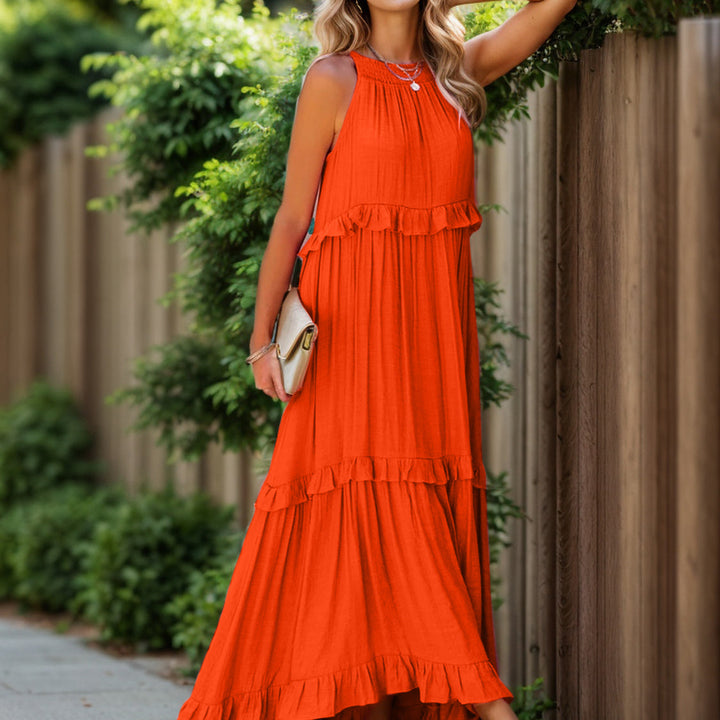 Ruffled Sleeveless Tiered Maxi Dress with Pockets